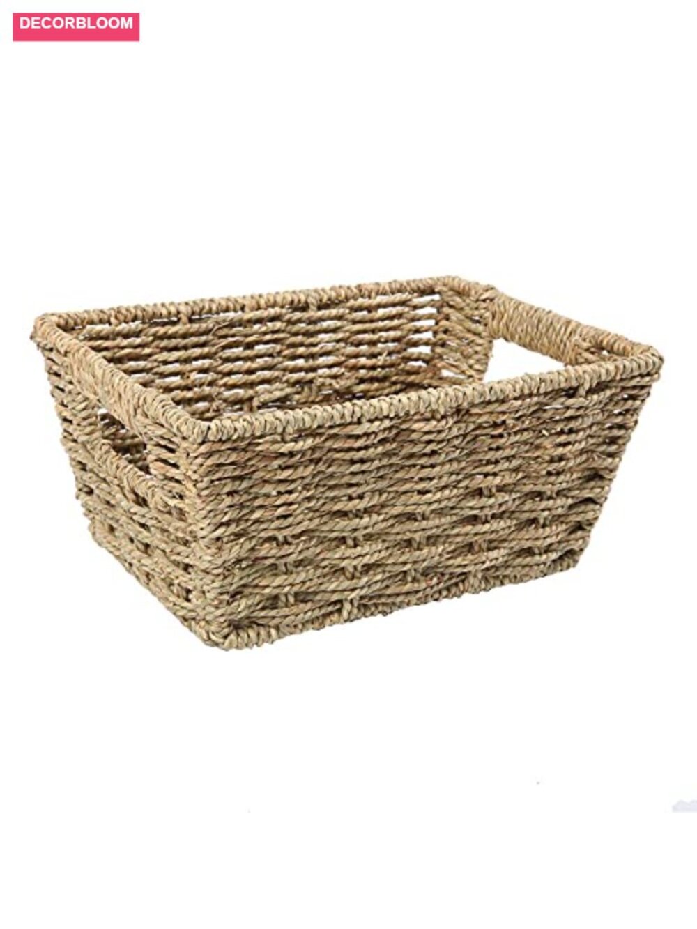 Hand Woven Seagrass Storage Basket Cutout Handles Rectangular Wicker Bin